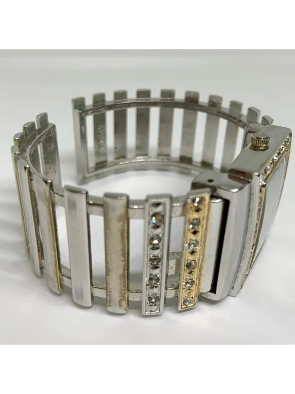 Women’s gold silver tone cuff bracelet watch 30mm rhinestones quartz 7” running